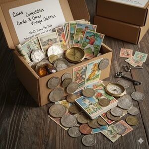 Vintage Collectibles Box with Coins and Cards